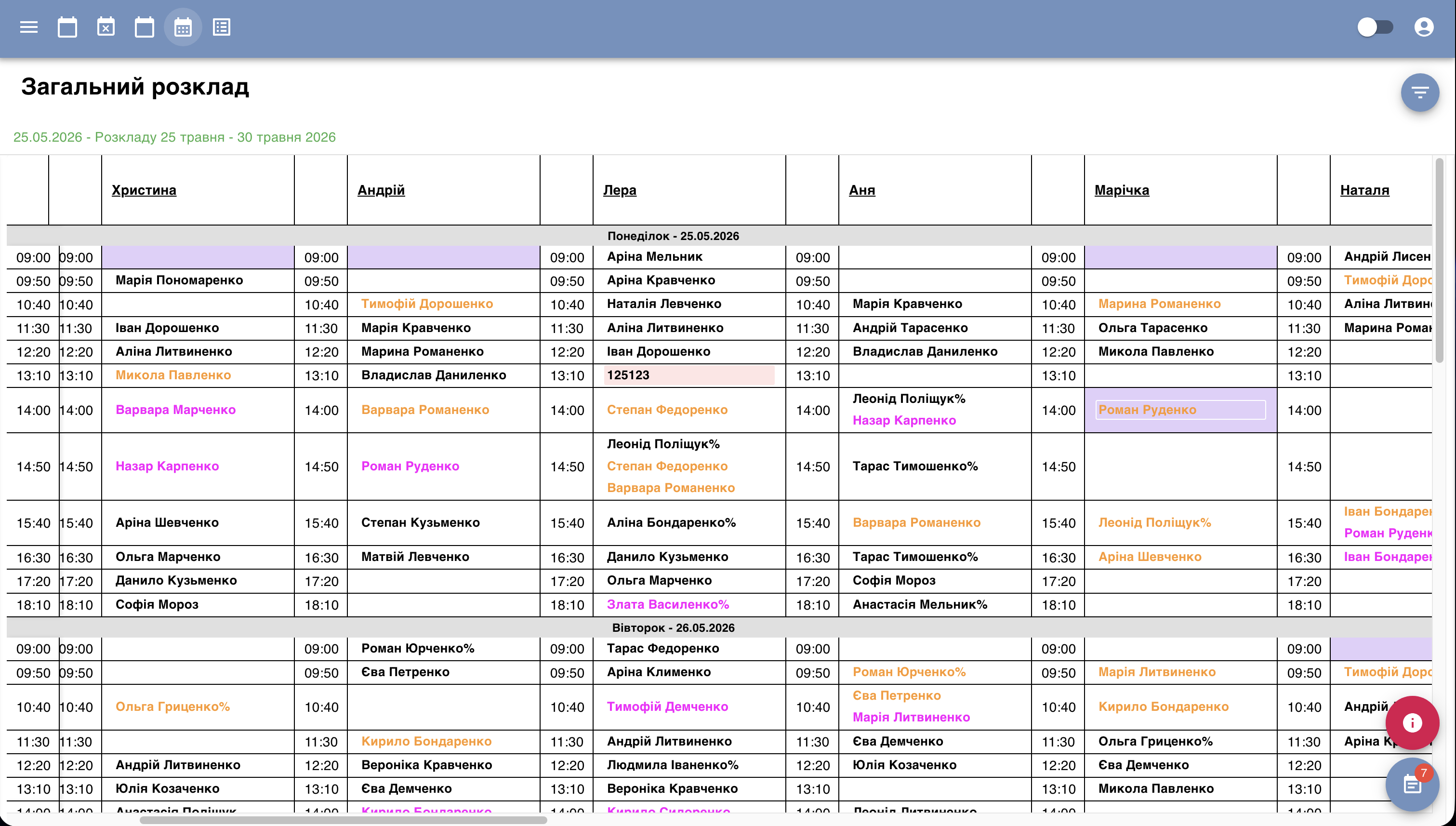 Сітка розкладу терапевтів у Schedulify